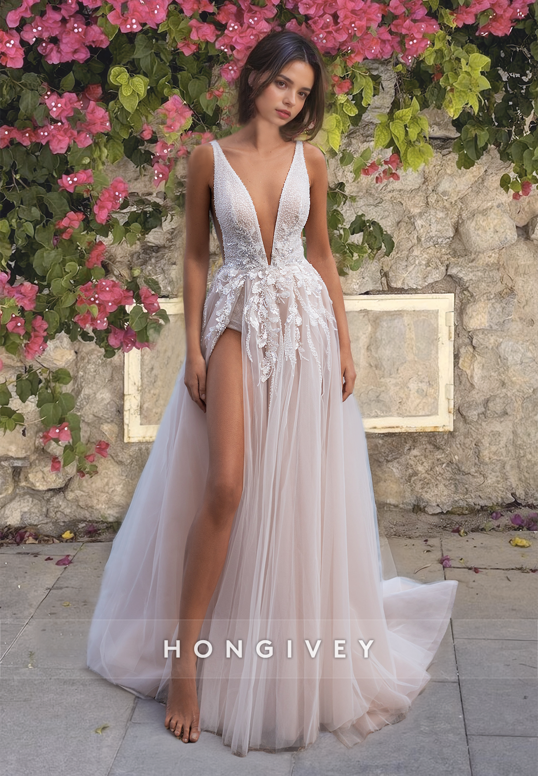 Sexy Deep Vneck Side Slit Applique Tulle Beach Wedding Dress Gown