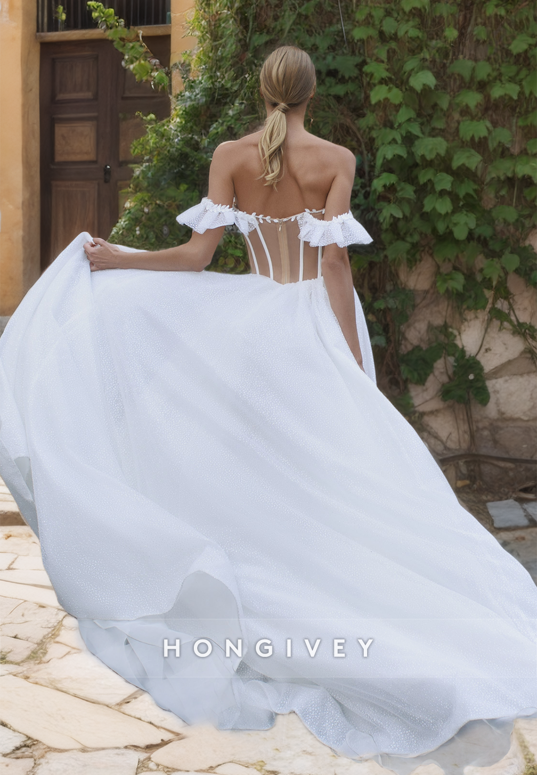 Sexy Applique Offshoulder Sheer Back Tulle Wedding Dress New