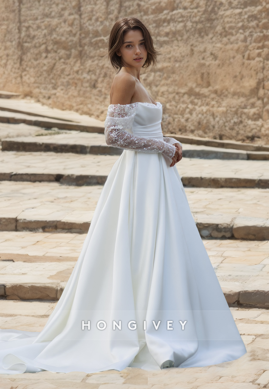 Chic Ruched Long Sleeves Satin Aline Wedding Dress Gown