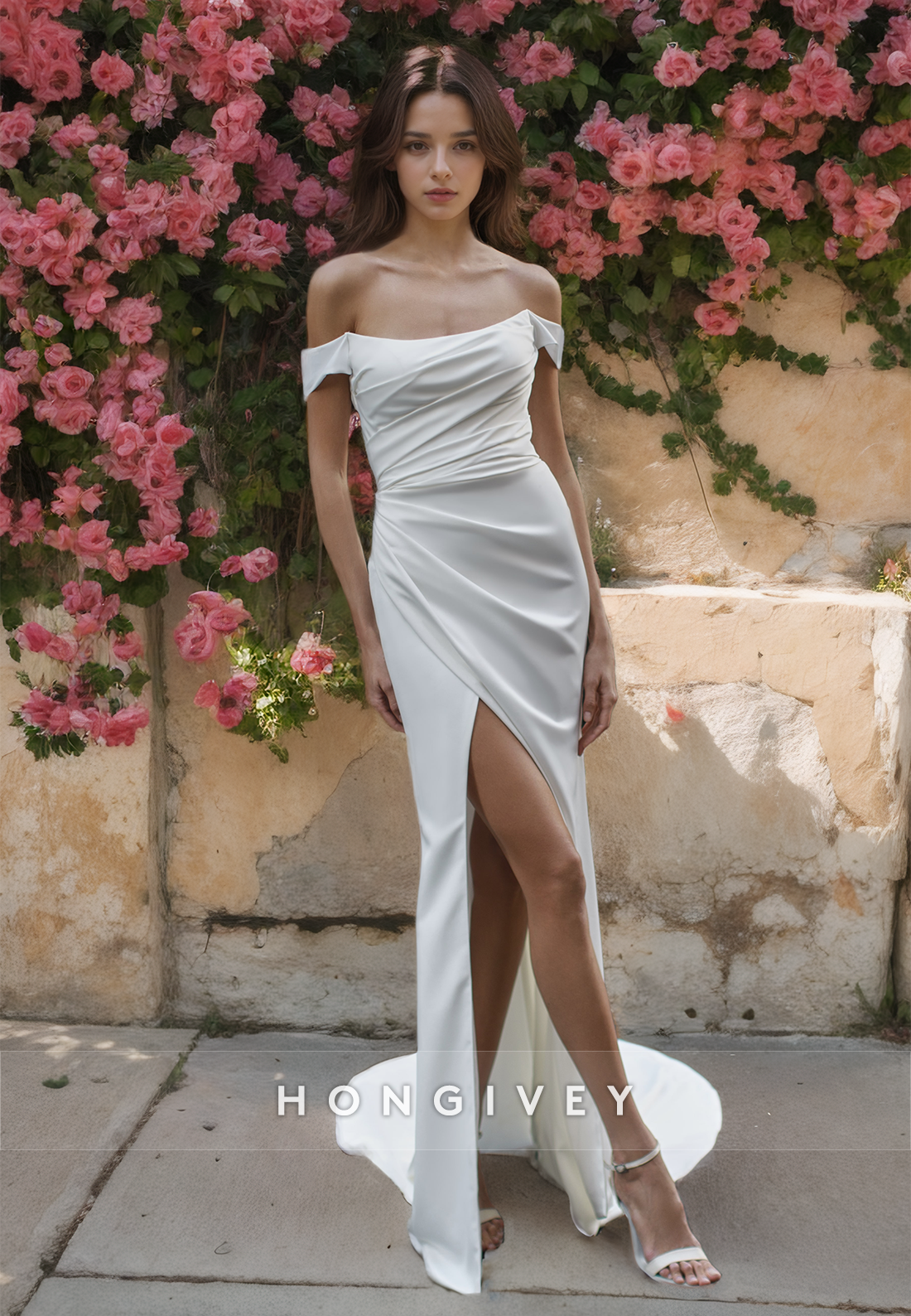 Ruched Satin With Side Slit Trumpet Simple Engagement Wedding Dress