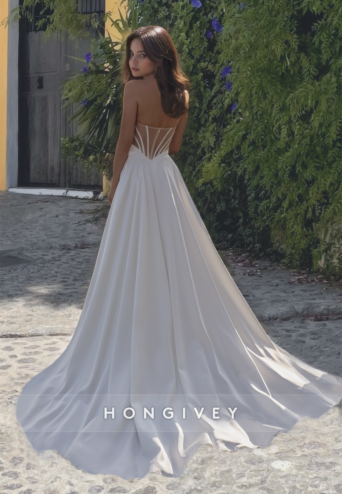 Sexy Strapless Sheer With Side Slit Satin Aline Wedding Dress