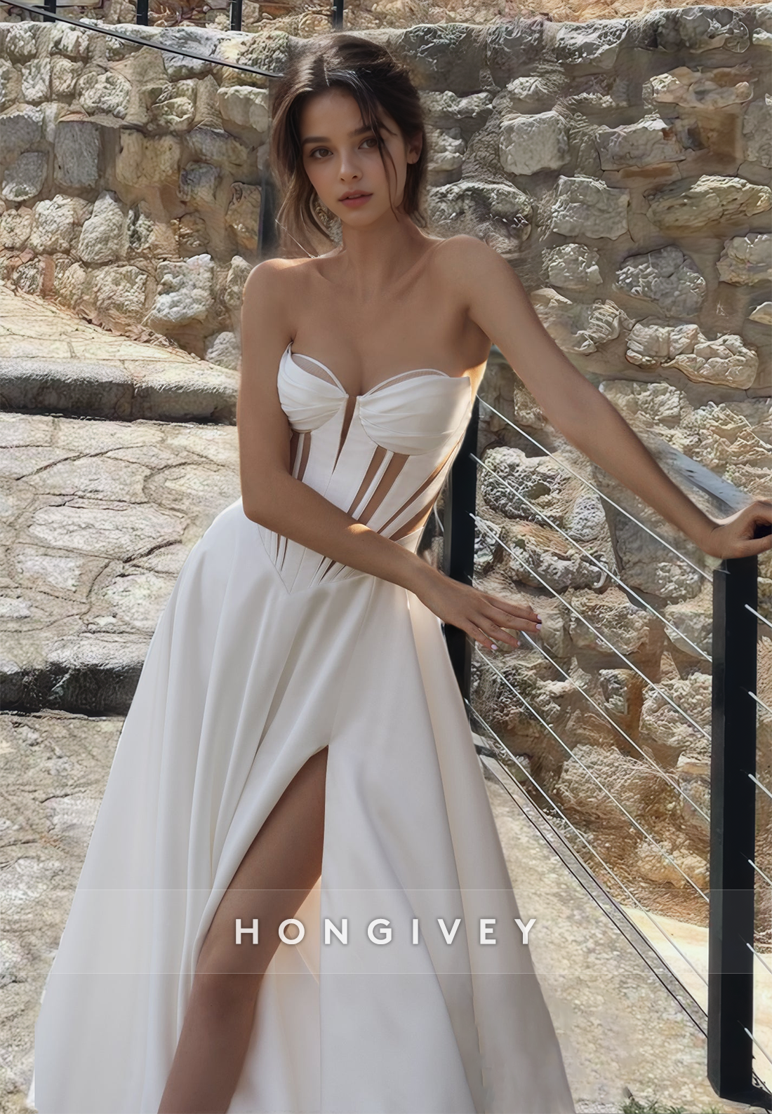 Sexy Strapless Sheer With Side Slit Satin Aline Wedding Dress