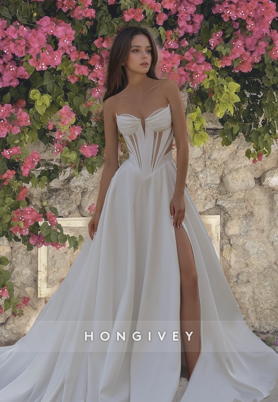 Sexy Strapless Sheer With Side Slit Satin Aline Wedding Dress