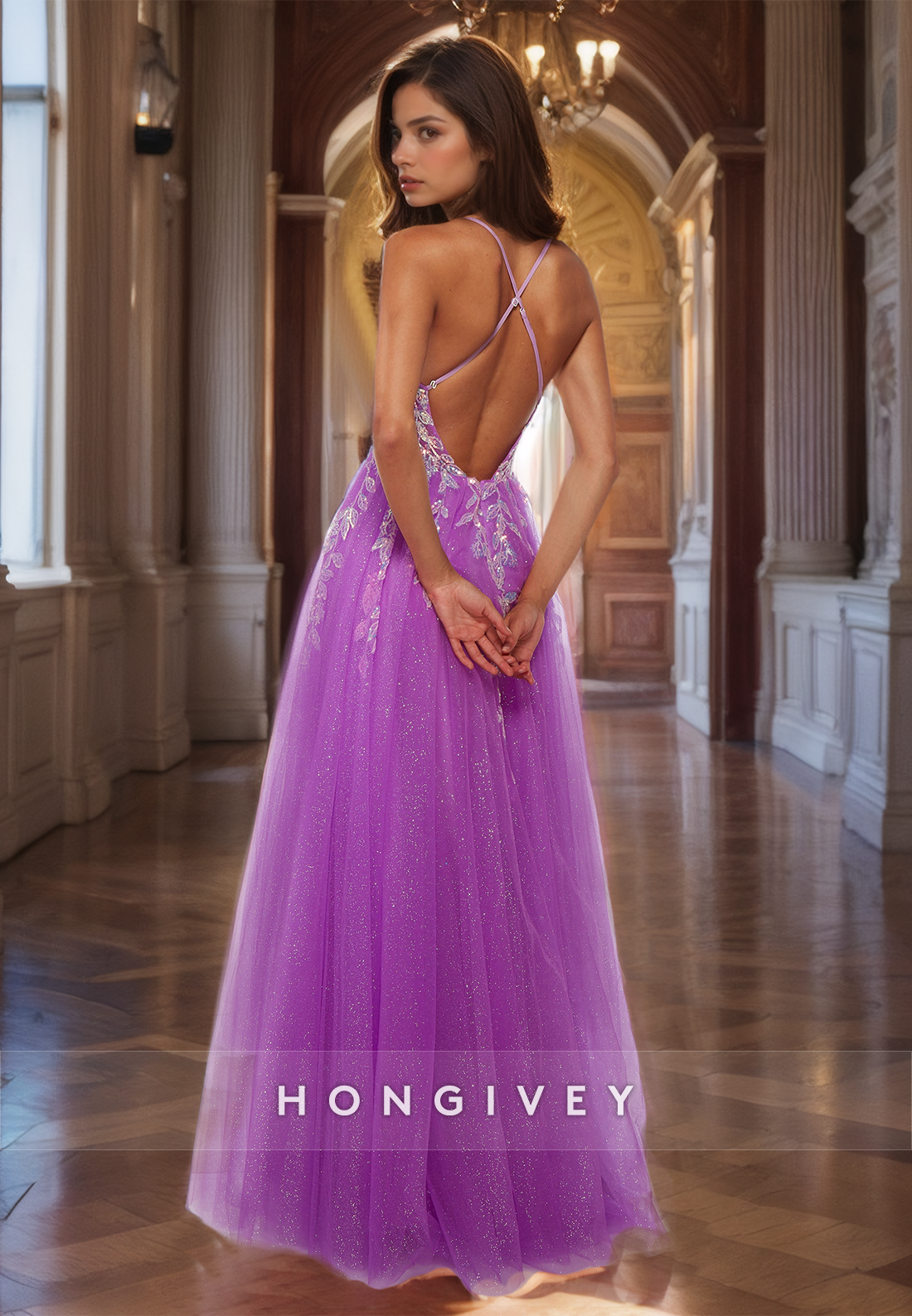 Sparkly V Neck Purple Appliqued Prom Gown With High Slit Spaghetti Straps Backless Glitter Aline Quinceanera Dress