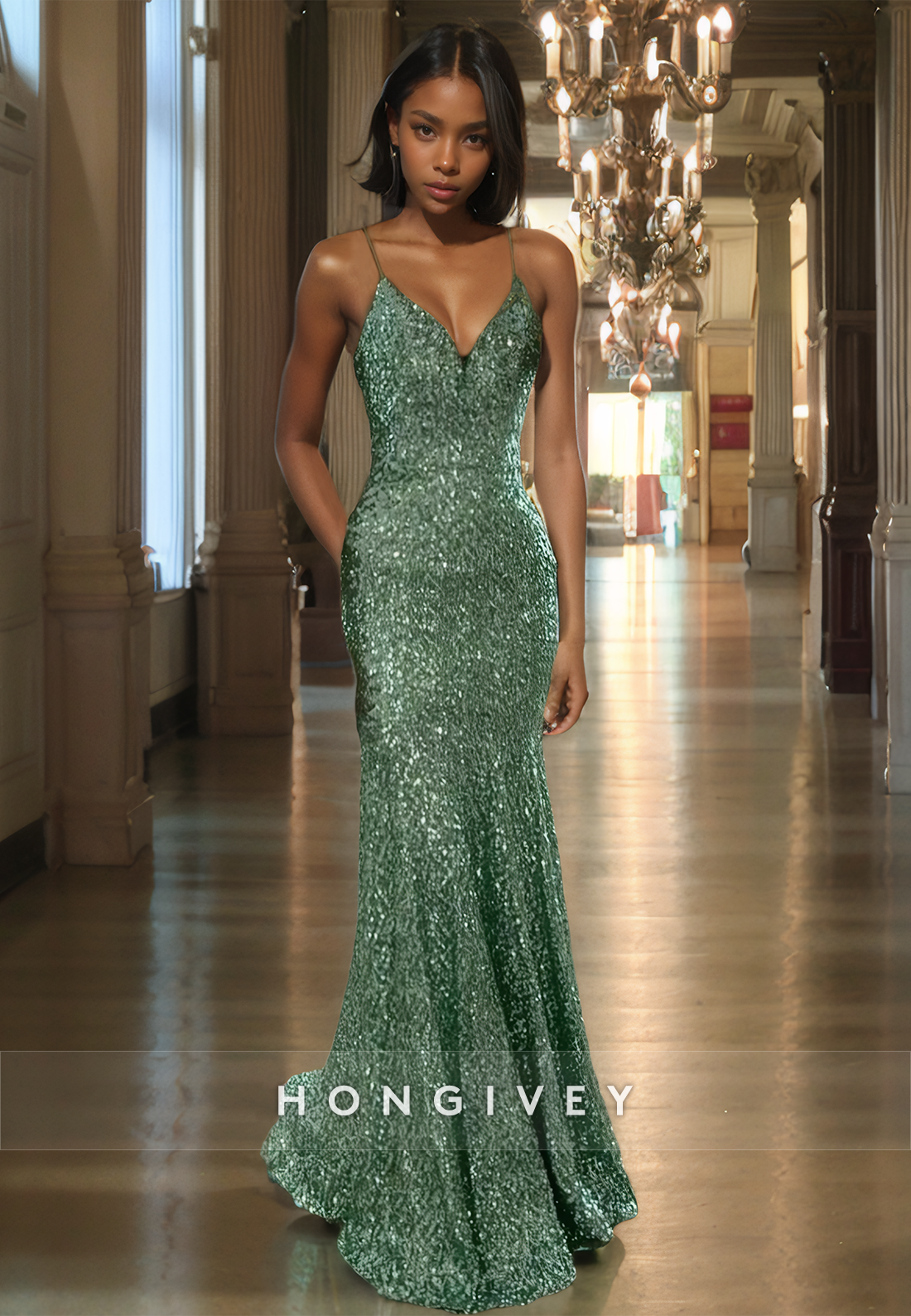 Sparkle Sequins Mermaid Evening Dress Formal Greensweetheart Sleeveless Prom Gown