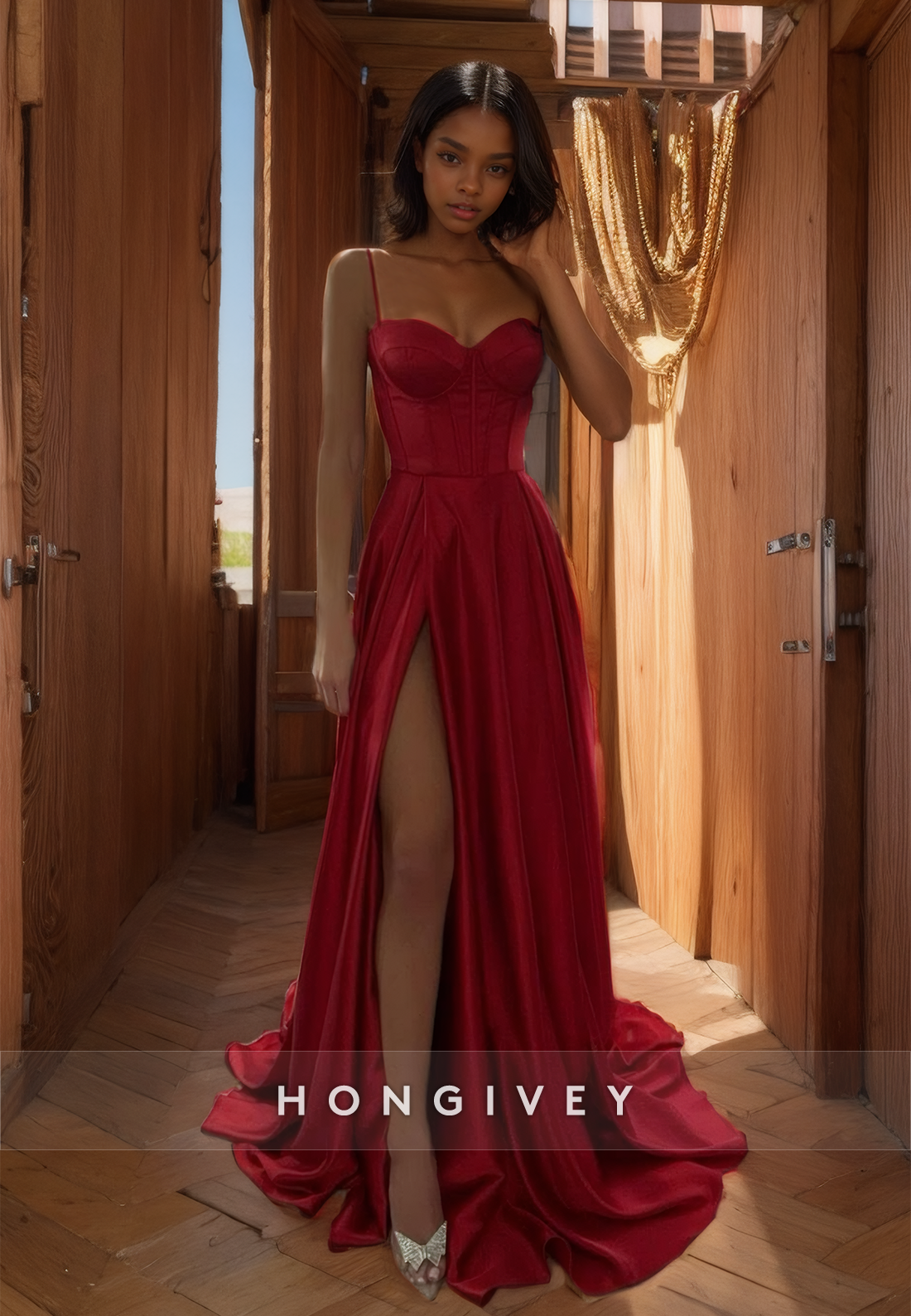 Sexy Red Evening Dress With High Side Slit Aline Straps Prom Gown