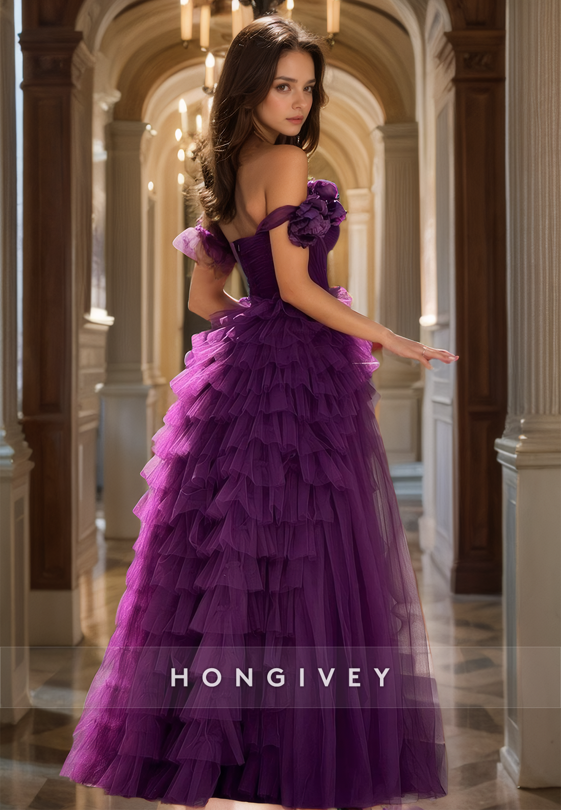 Graceful One Shoulder Purple Tulle Prom Dresses Aline Tiered Luxury Quinceanera Dress