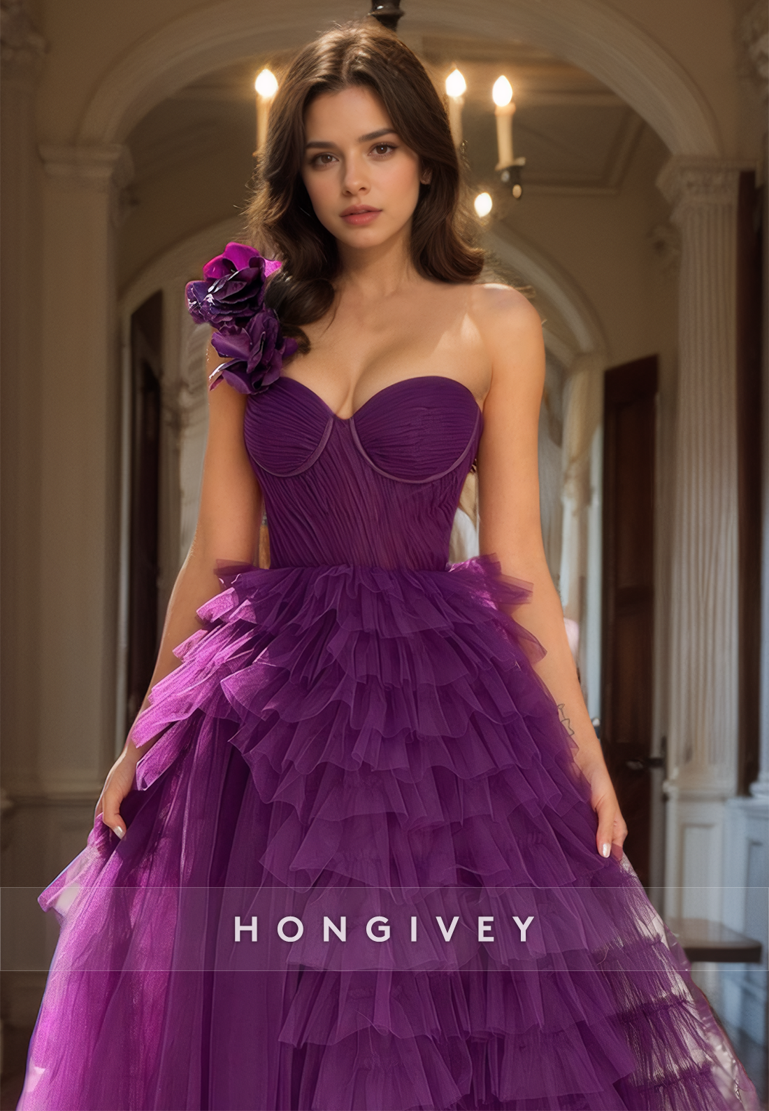 Graceful One Shoulder Purple Tulle Prom Dresses Aline Tiered Luxury Quinceanera Dress