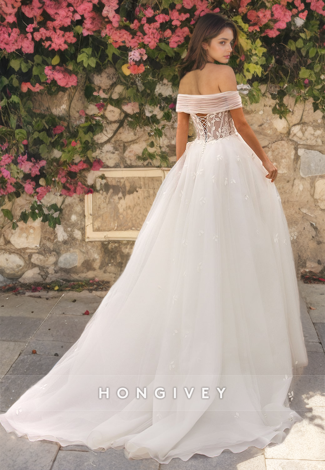 Aline Appliqued Offshoulder Boho Wedding Dress Sweetheart Tulle Floor Length Princess Bridal Dress