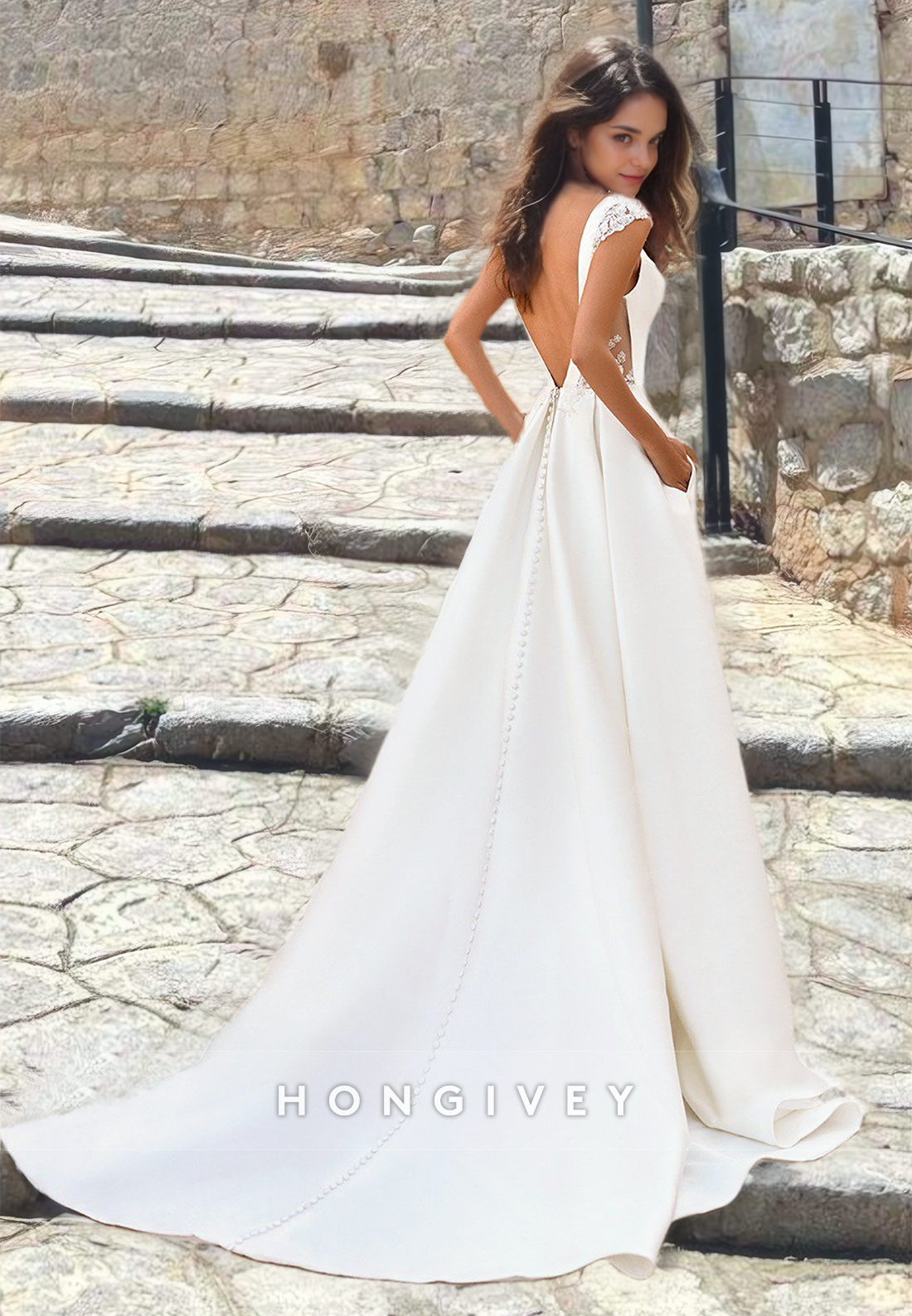 Elegant V Neck Spaghetti Straps Wedding Dress Aline Backless Satin Formal Wedding Gown