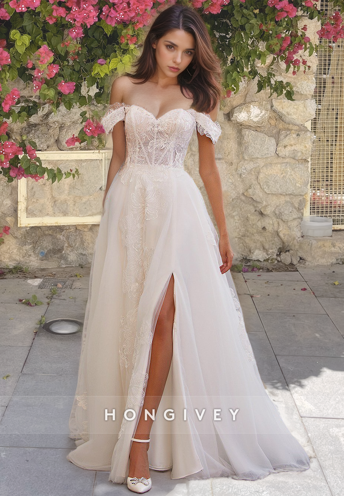 Dreamy Sweetheart Offshoulder Formal Bridal Gown Tulle Lace Button Back Wedding Dress With High Slit