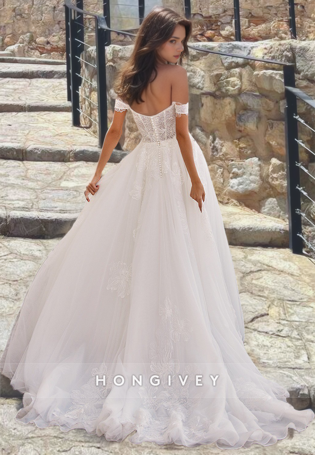 Dreamy Sweetheart Offshoulder Formal Bridal Gown Tulle Lace Button Back Wedding Dress With High Slit