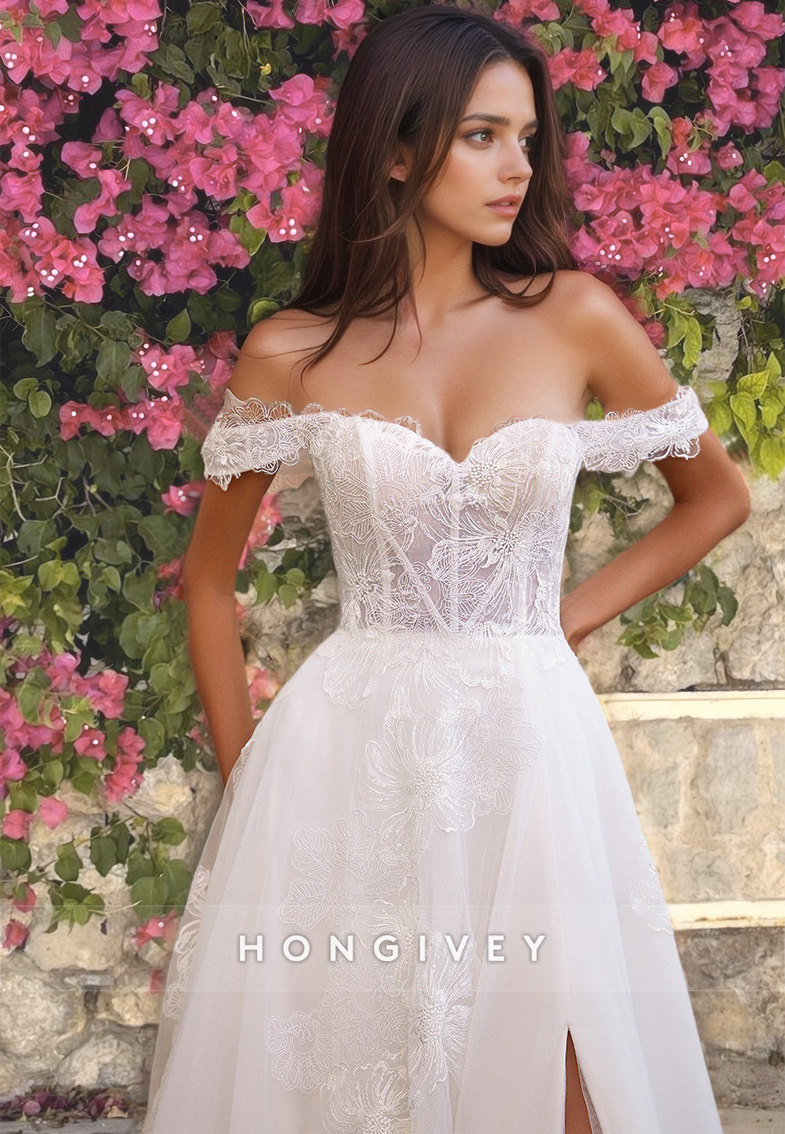 Dreamy Sweetheart Offshoulder Formal Bridal Gown Tulle Lace Button Back Wedding Dress With High Slit