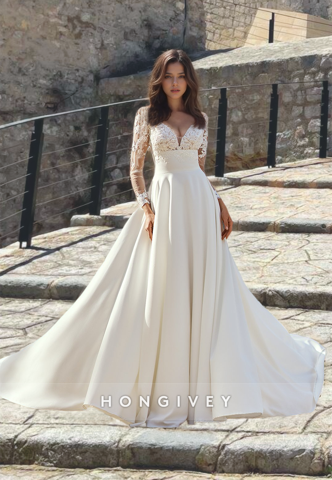 Luxurious Aline Satin Formal Wedding Dress Full Sleeves Sweep Train Bridal Gown Charming Lady