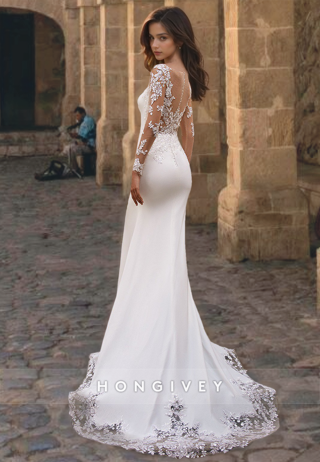 Unique Satin Scoop Bridal Dresses With Lace Long Sleeves Long Train Floor Length Wedding Dress