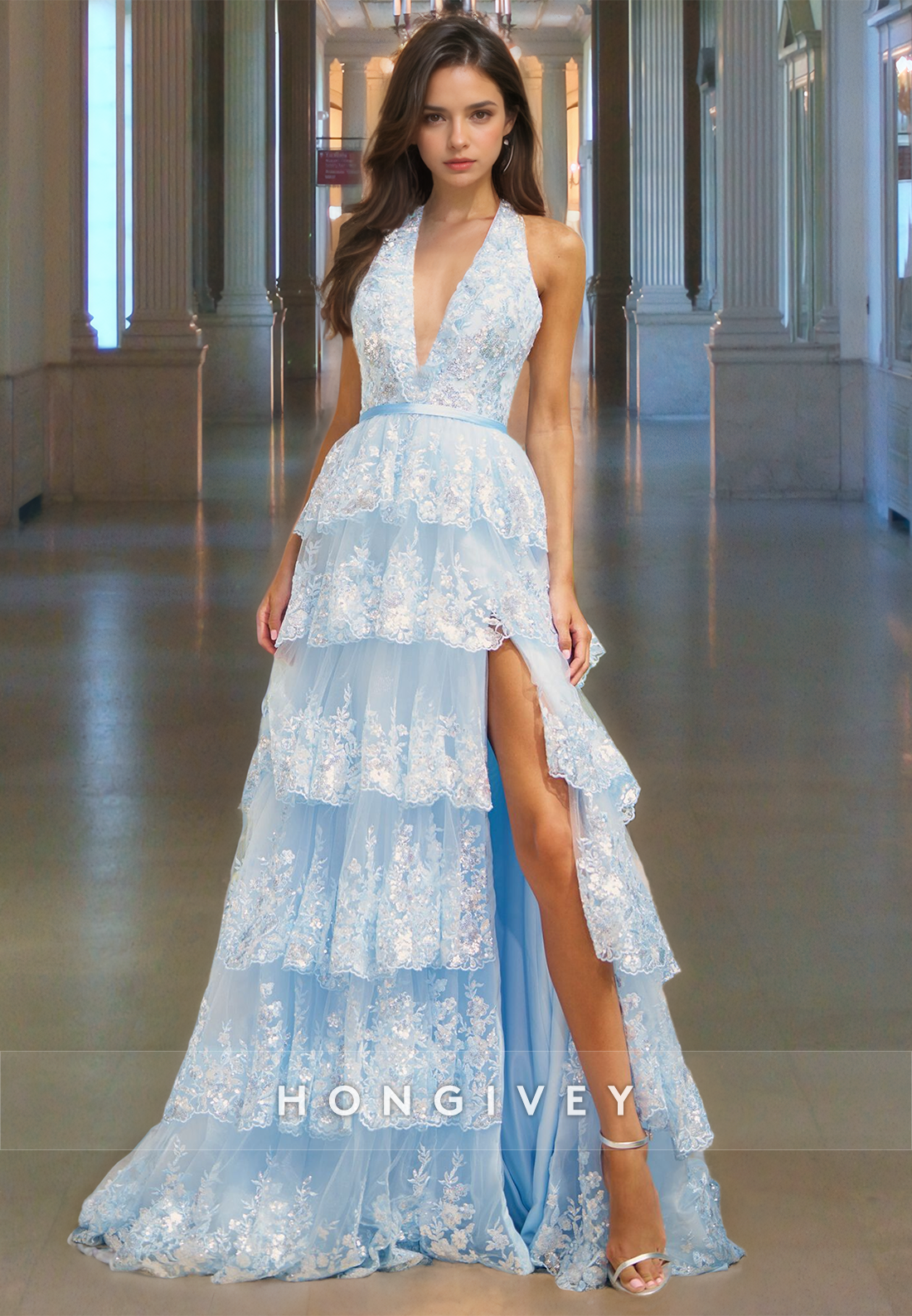 Aline Sky Blue Tiered Halter Prom Gown V Neck Backless Lace Party Dresses With High Slit