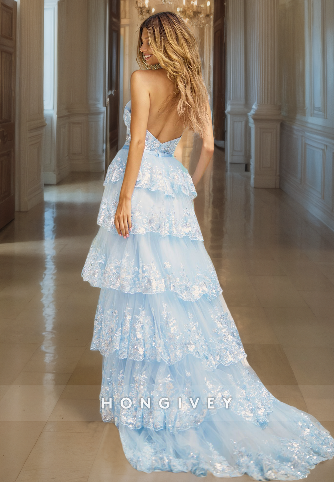 Aline Sky Blue Tiered Halter Prom Gown V Neck Backless Lace Party Dresses With High Slit