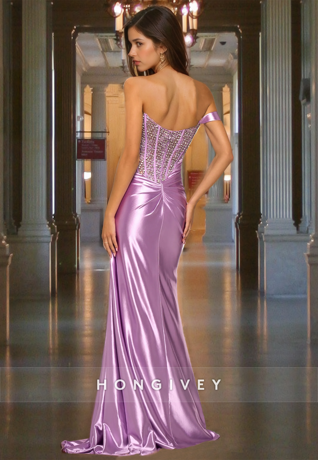 Stunning Offshoulder Lilac Mermaid Prom Dress Beads Sleeveless Satin Quinceanera Dress