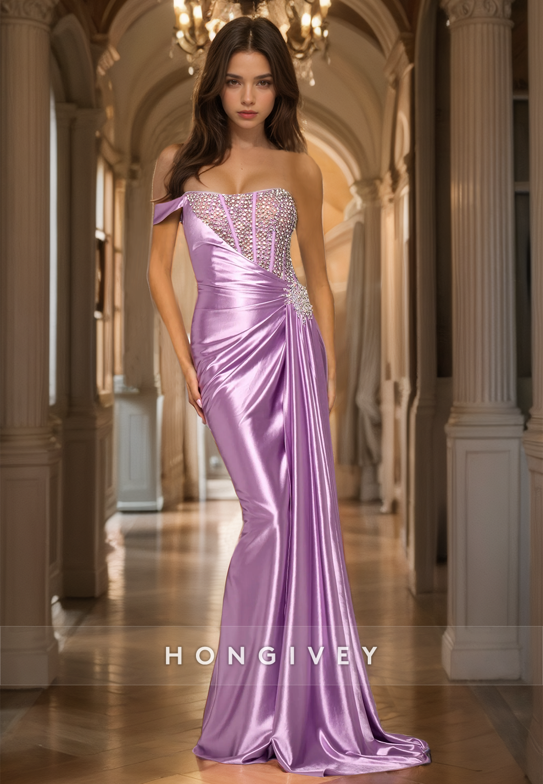 Stunning Offshoulder Lilac Mermaid Prom Dress Beads Sleeveless Satin Quinceanera Dress