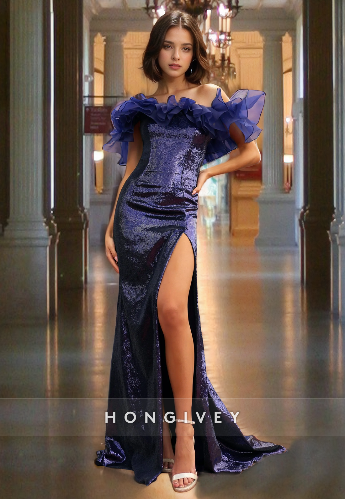 Graceful Sequins Ruffled Purple Prom Dress Floor Length Offshoulder Party Dresses With High Slit