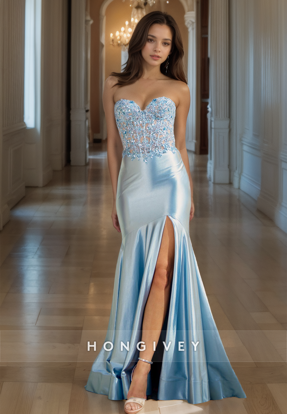 Elegant Satin Sky Blue Sweetheart Prom Gown Mermaid Lace Up Sleeveless Formal Occasion Party Dress