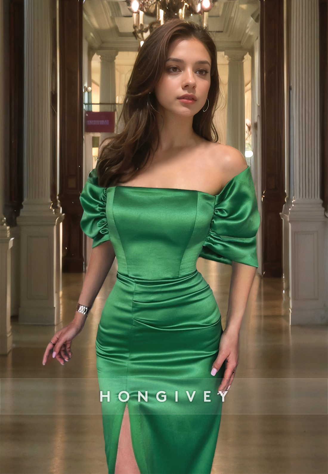 Modest Satin Offshoulder Floor Length Prom Dress Green Luxury Formal Occasion Party Gown With High Slit