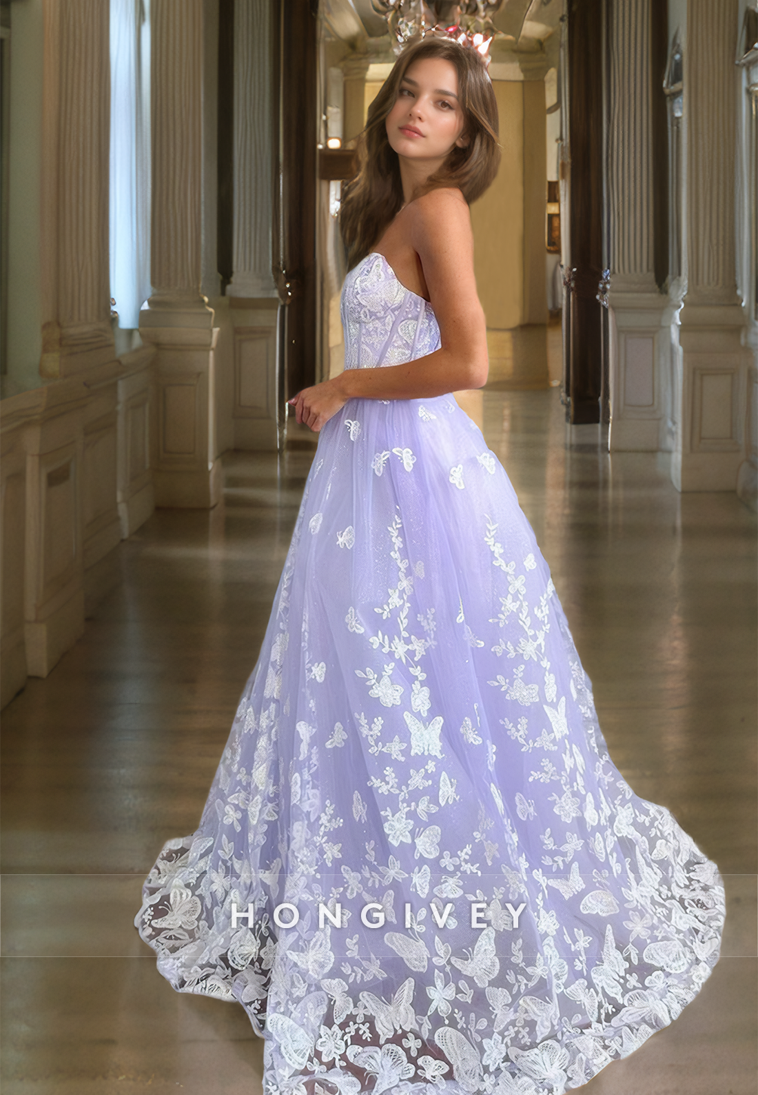 Aline Elegant Sweetheart Lilac Lace Prom Dresses Sleeveless Floor Length Tulle Night Party Gown