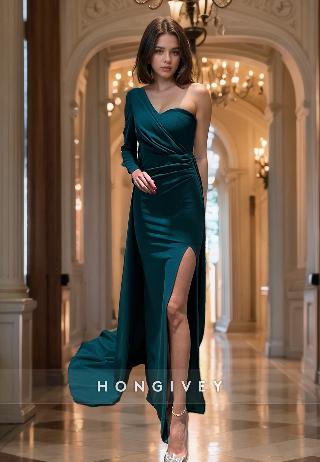 Simple One Sleeve With Train And Slit Party Prom Formal Evening Dress