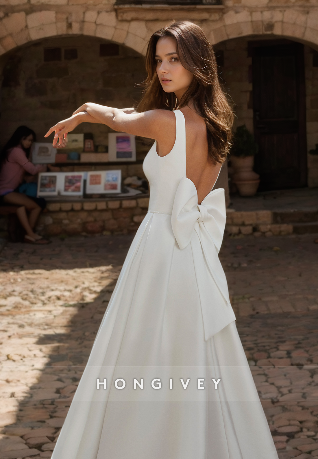 Aline Square Satin Wedding Dresses With Bow Formal Backless Side Slit Straps Bridal Dress