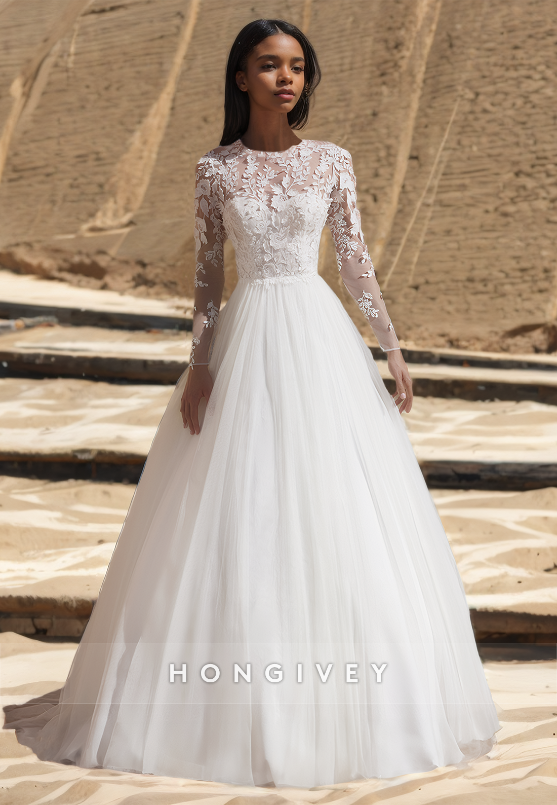 Fancy Aline O Neck Long Wedding Dress With Long Sleeves Lace Floor Length Backless Bridal Gown