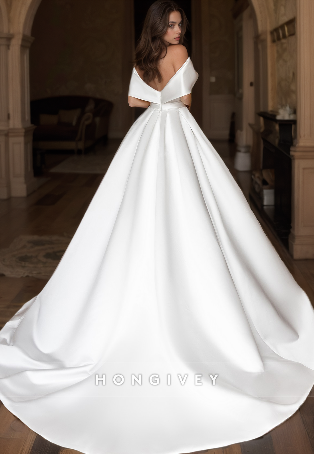 Simple Backless Offshoulder Wedding Dresses Aline With Train Satin Bridal Dresses