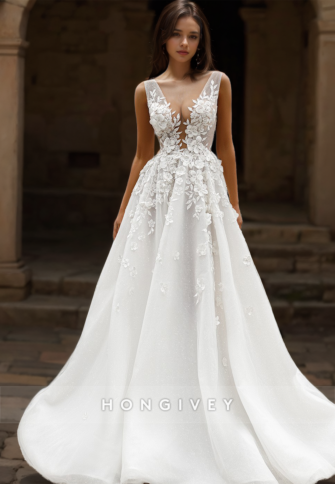 Fashional Vneck Lace Applique Wedding Dress Aline With Train Bridal Dresses