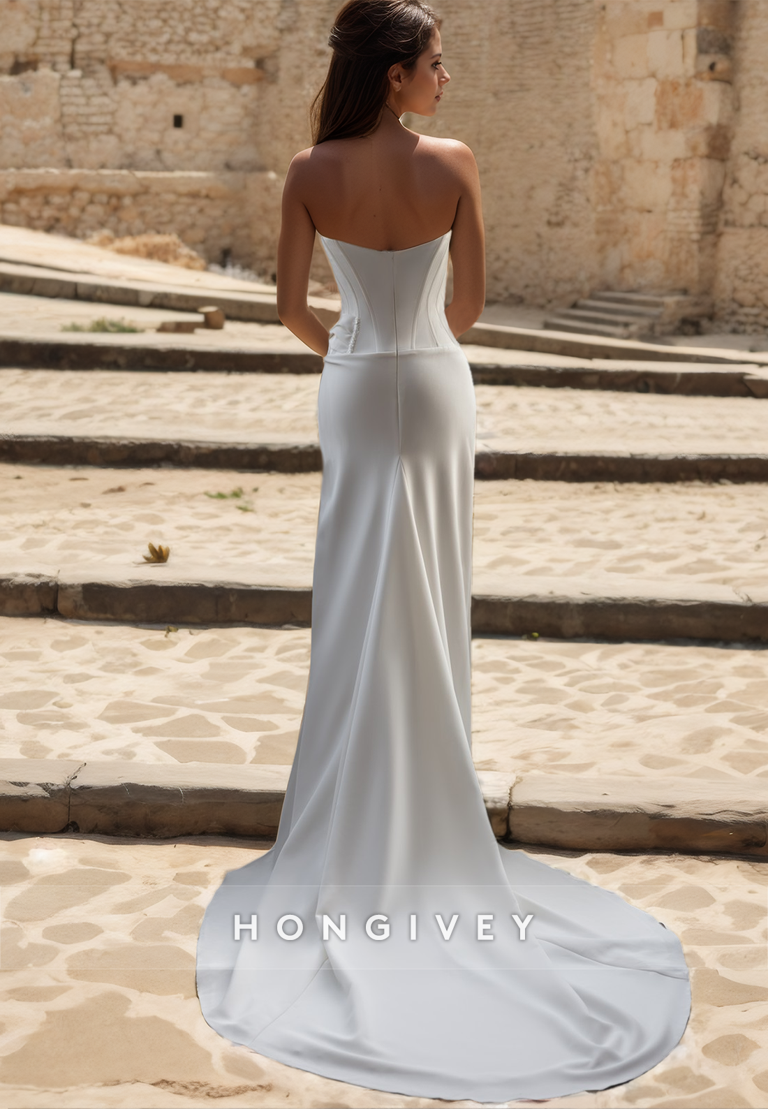 Simple Ruched Trumpet Wedding Dresses Strapless Sweetheart Side Slit Long Bridal Dresses