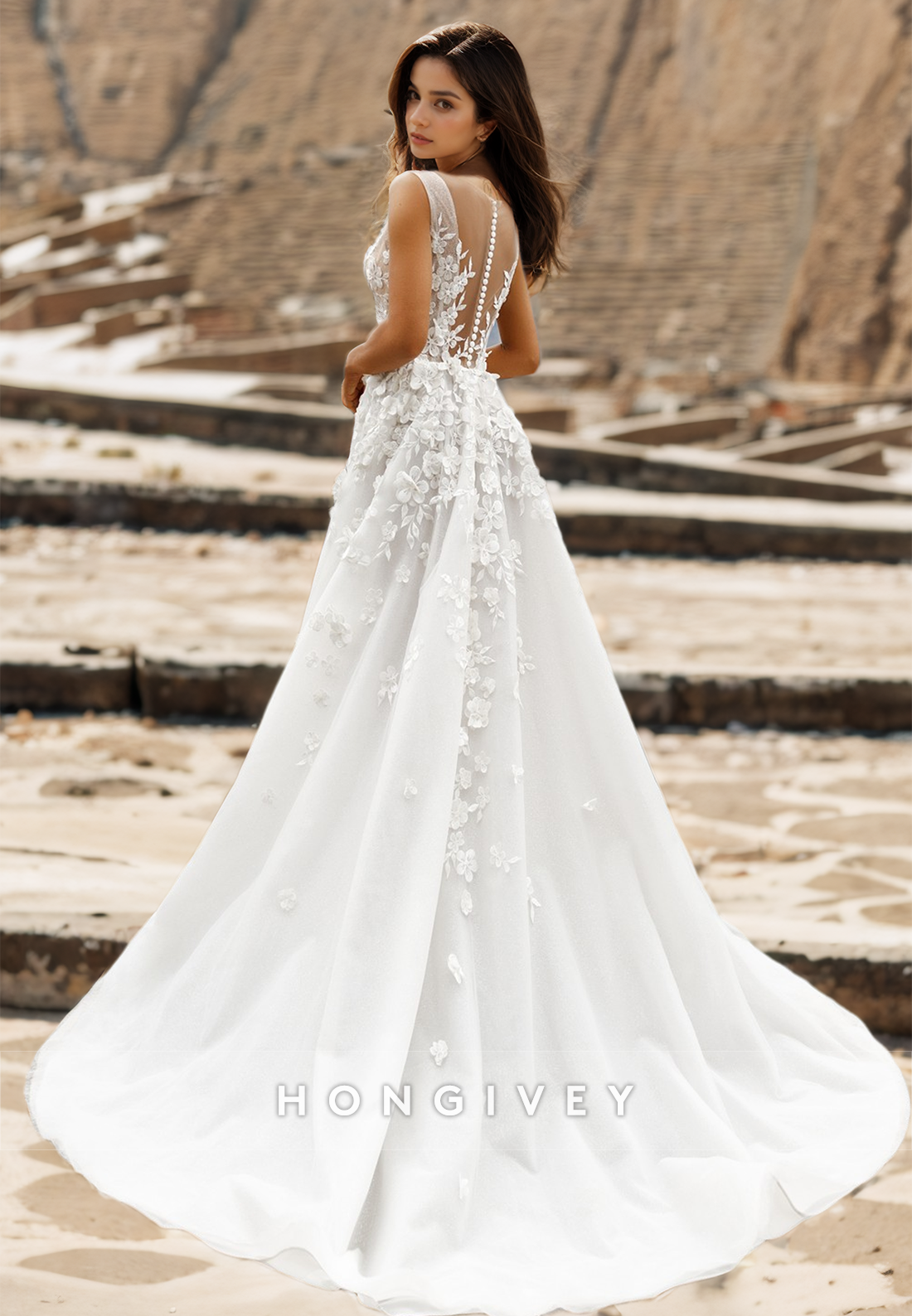 Fashional Vneck Lace Applique Wedding Dress Aline With Train Bridal Dresses