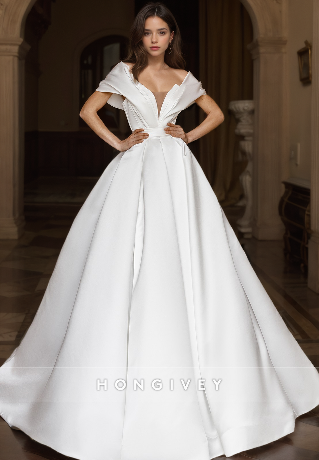 Simple Backless Offshoulder Wedding Dresses Aline With Train Satin Bridal Dresses