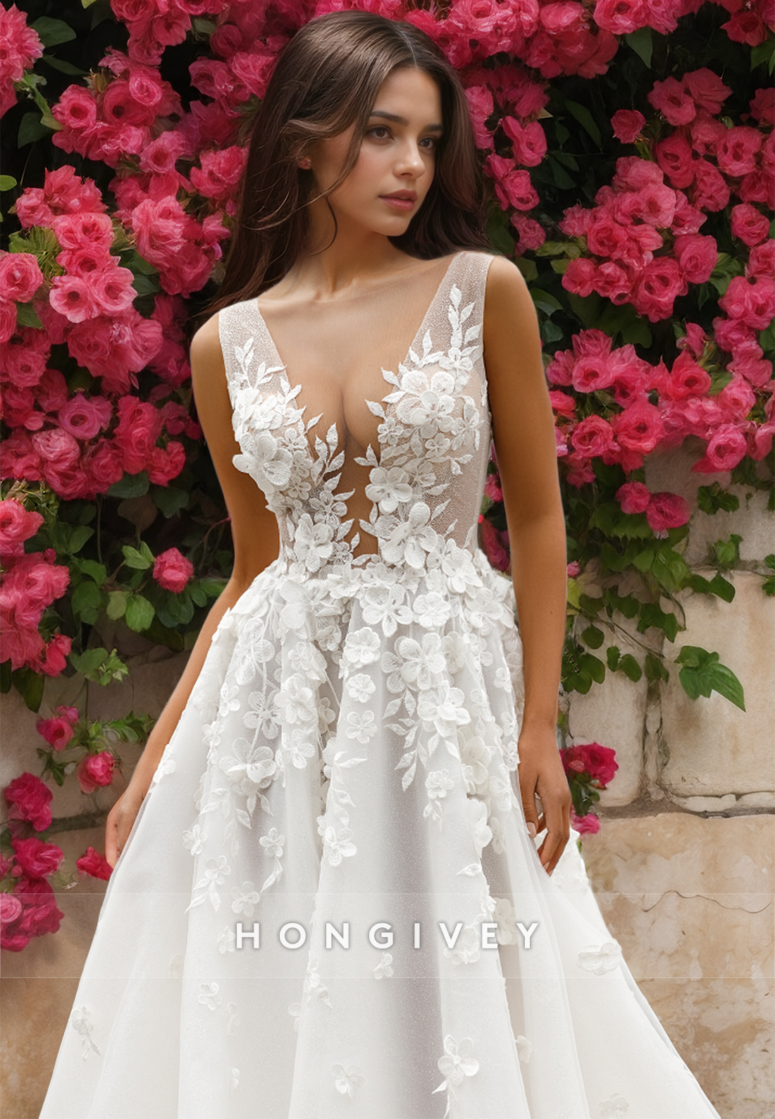 Fashional Vneck Lace Applique Wedding Dress Aline With Train Bridal Dresses