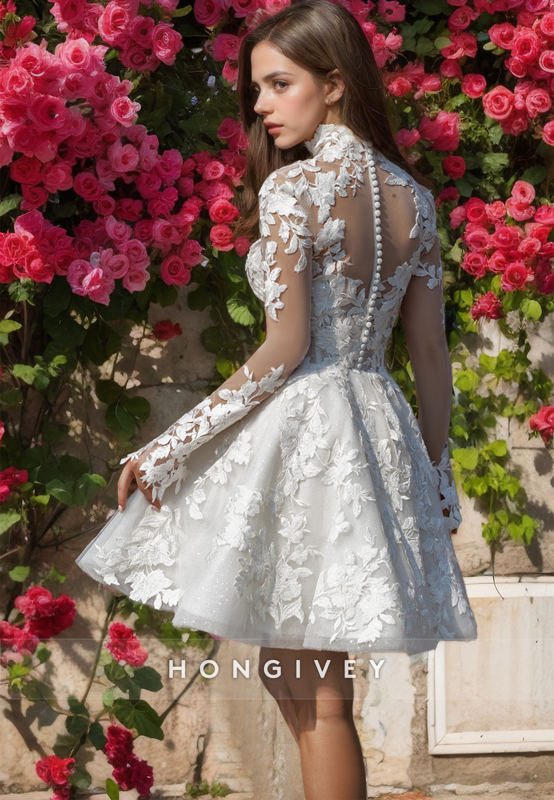 Short Lace Wedding Dresses With Long Sleeves High Neck Beach Bride'S Dress