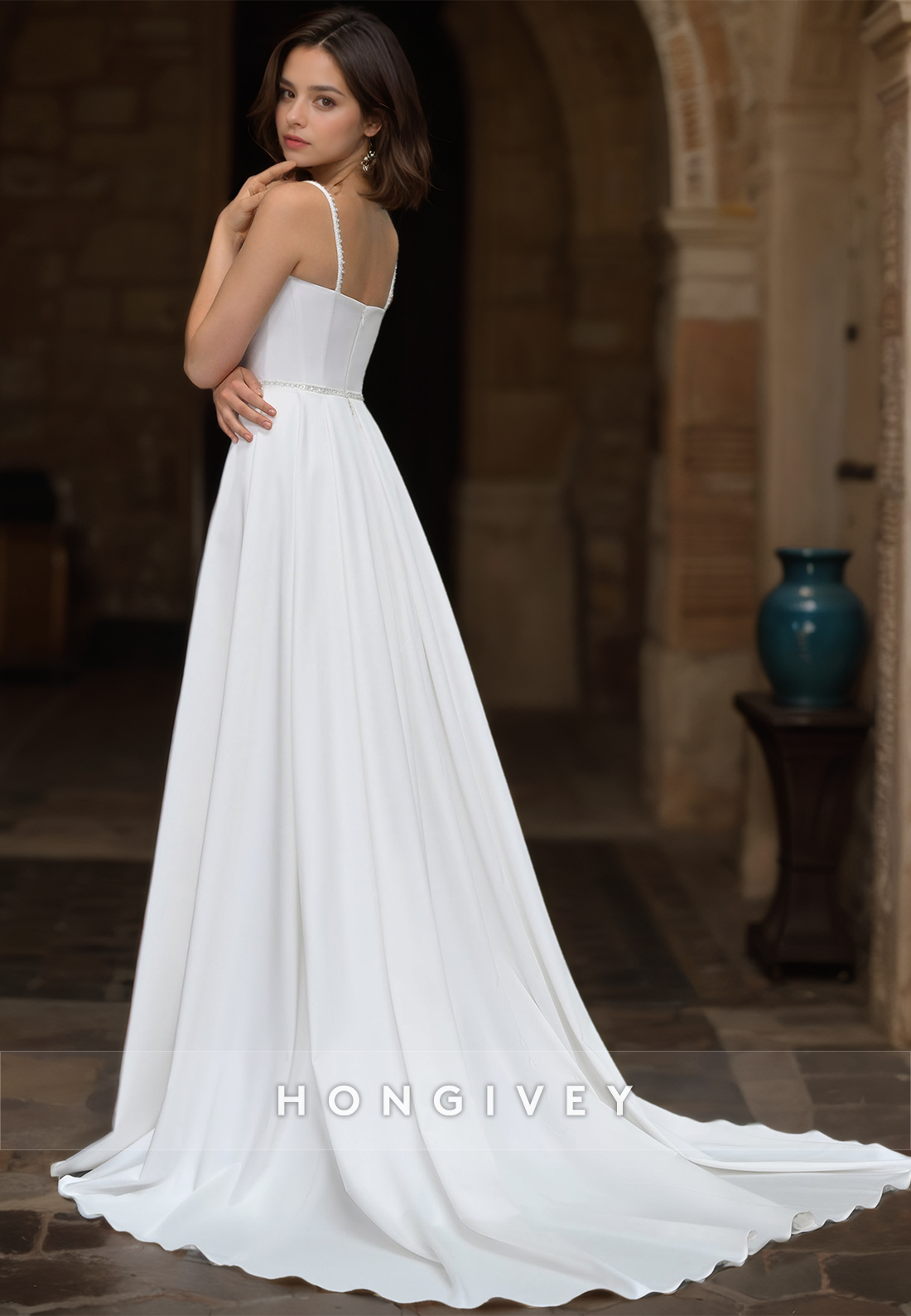 Simple Beaded Trumpet Satin Wedding Dress Spaghetti Straps Bridal Dresses