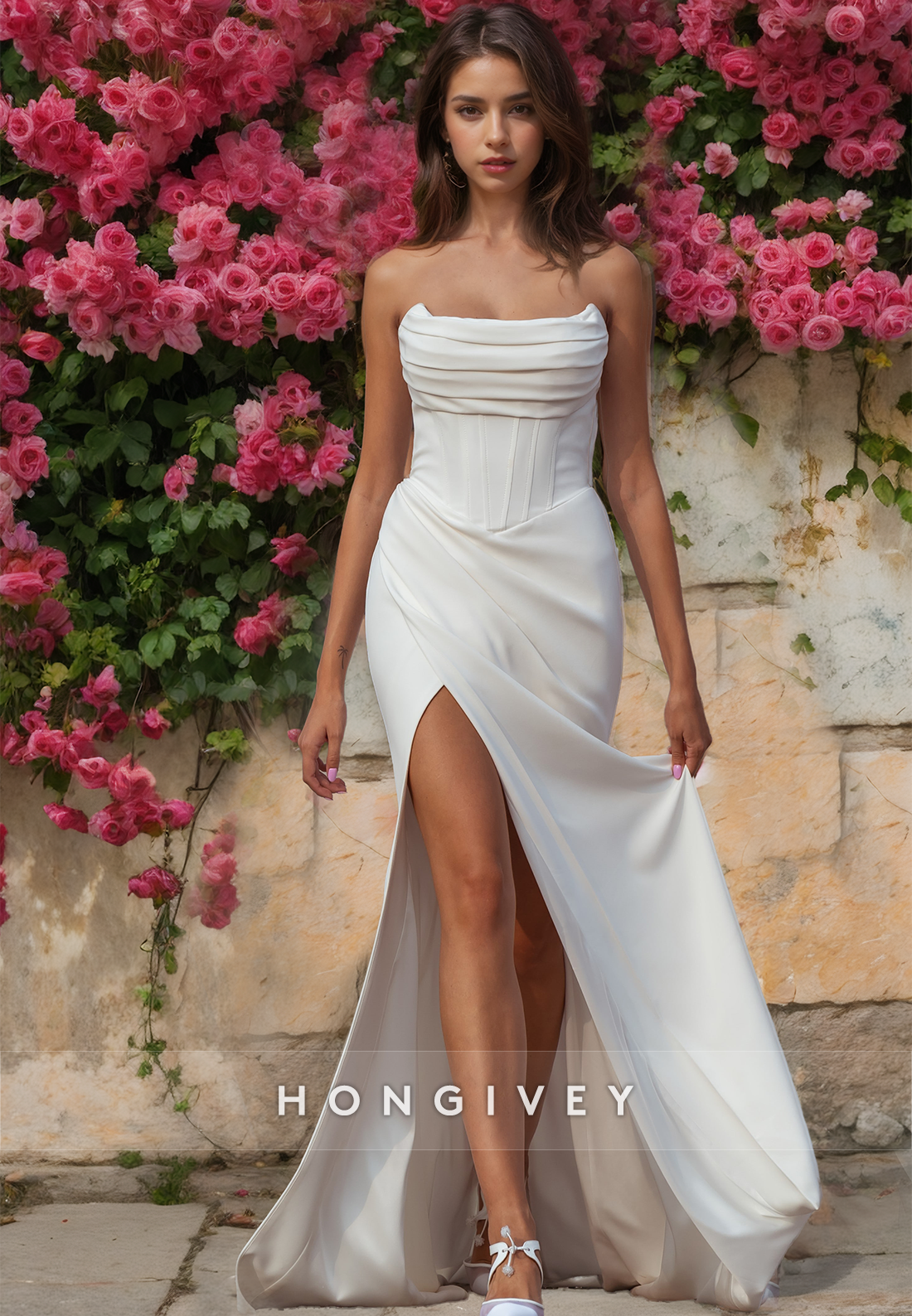 Elegant Strapless Satin Trumpet Wedding Dress With Train