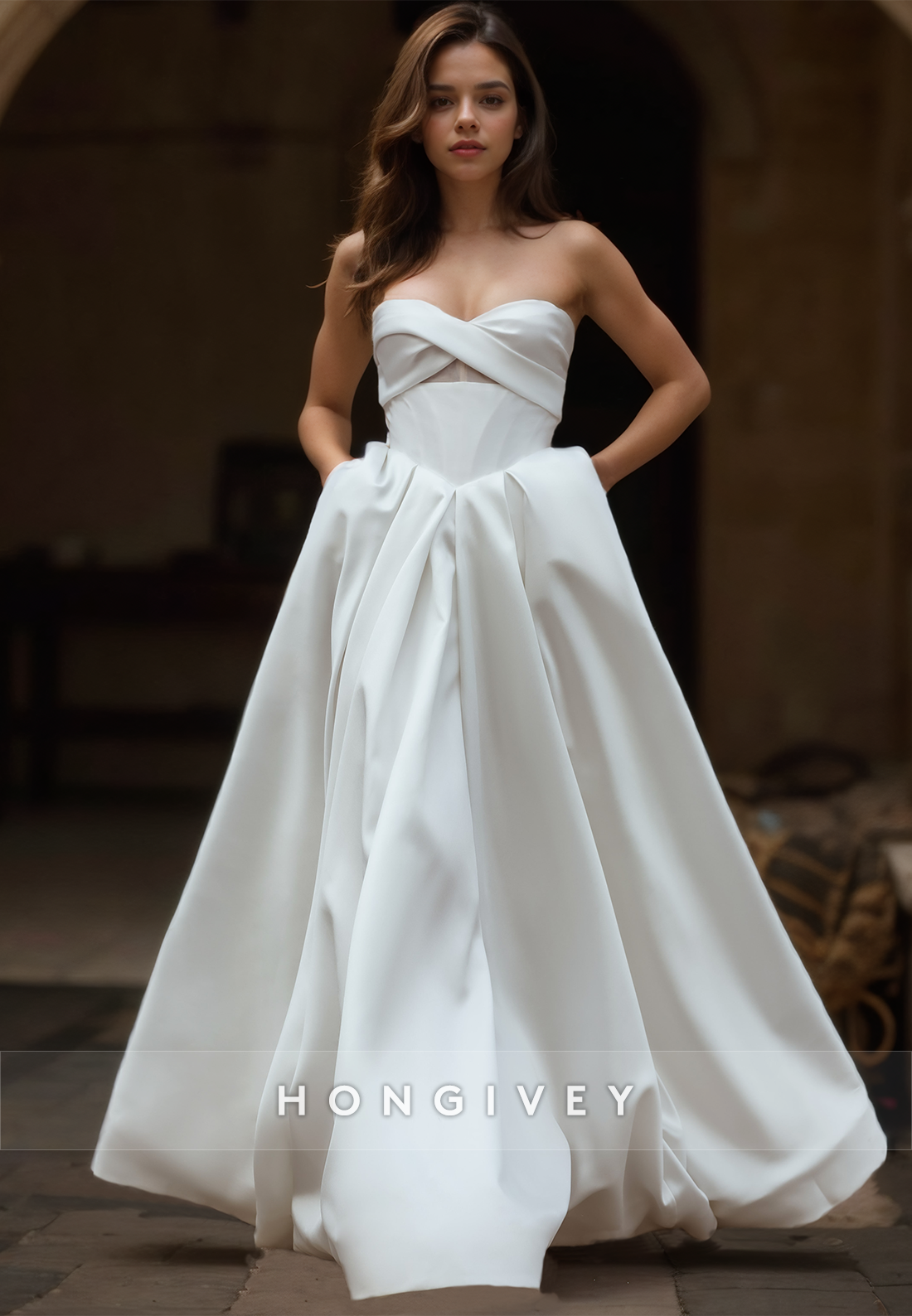 Classic Strapless Aline Floor Length Satin Wedding Dress