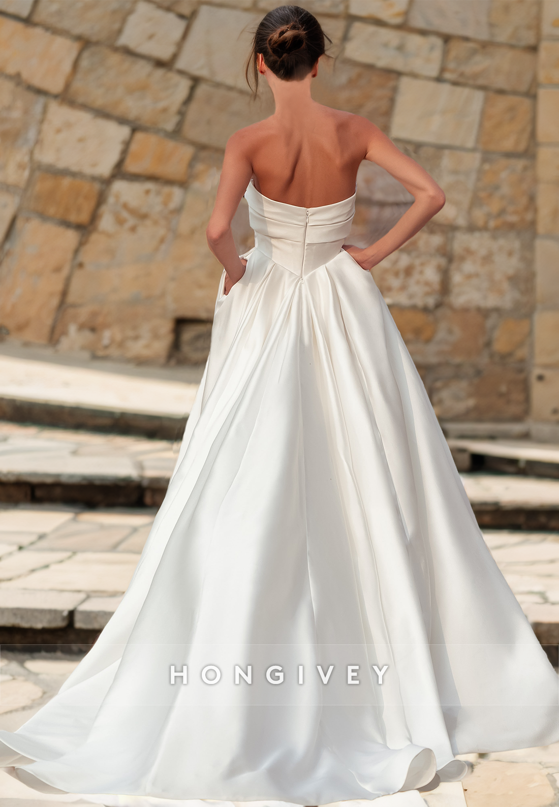 Classic Strapless Aline Floor Length Satin Wedding Dress