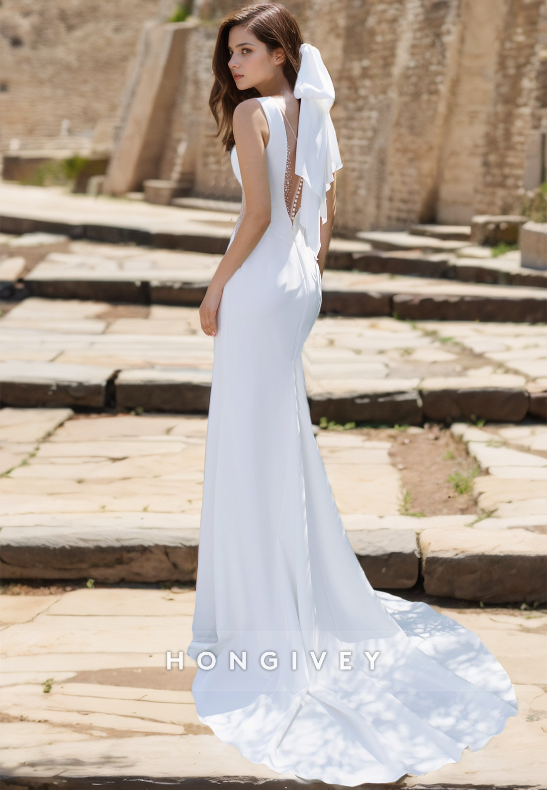 Elegant Sexy Beaded Vneck Backless Empire Waist Mermaid Wedding Dress With Train