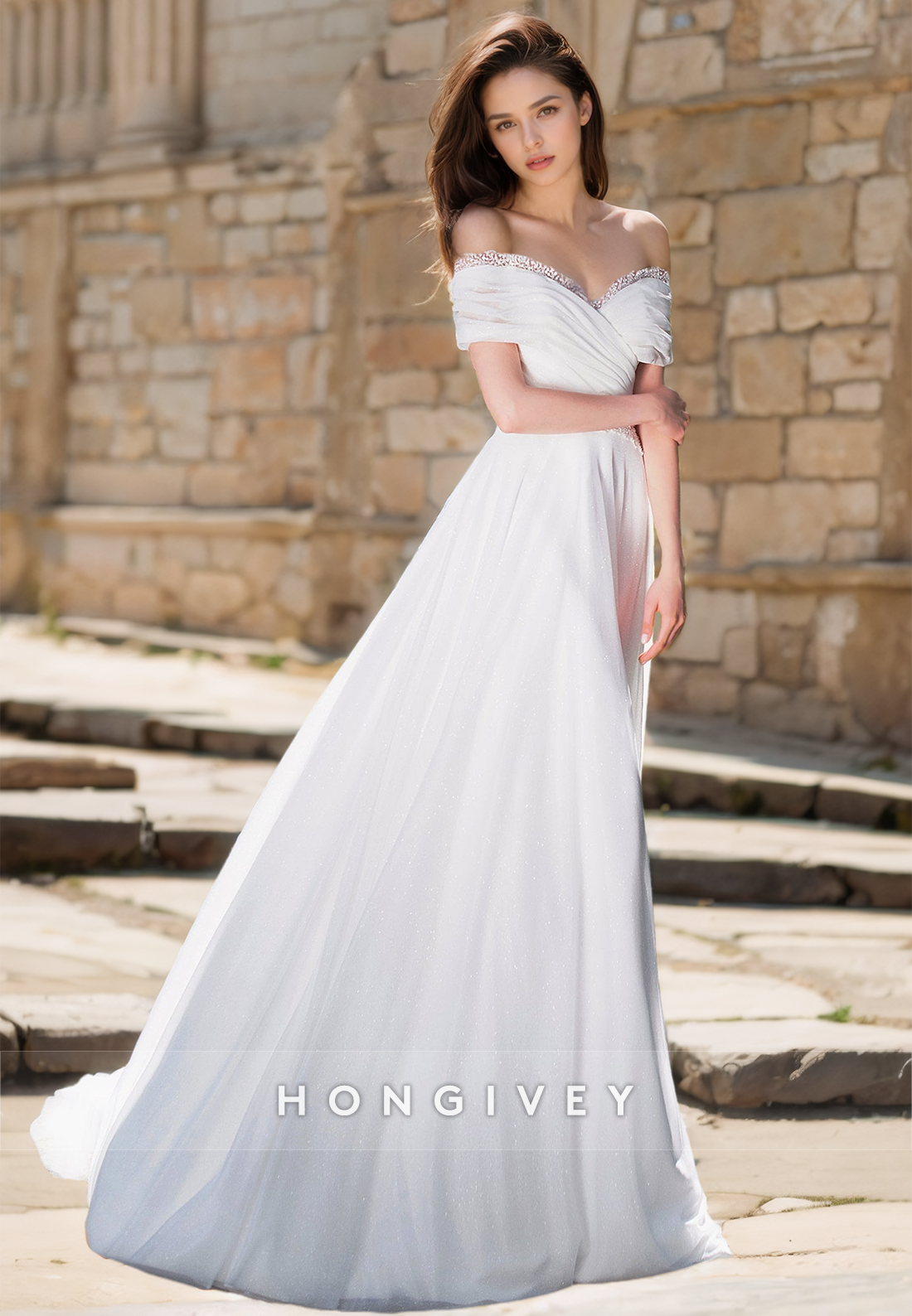 Elegant Offshoulder Aline Tulle Wedding Dress