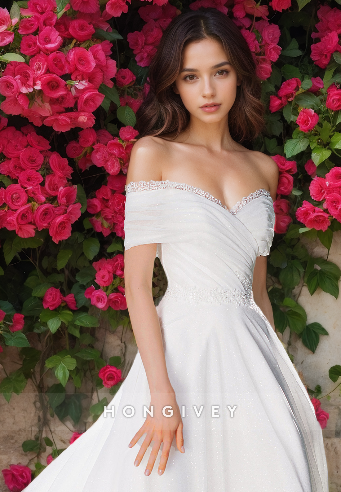 Elegant Offshoulder Aline Tulle Wedding Dress