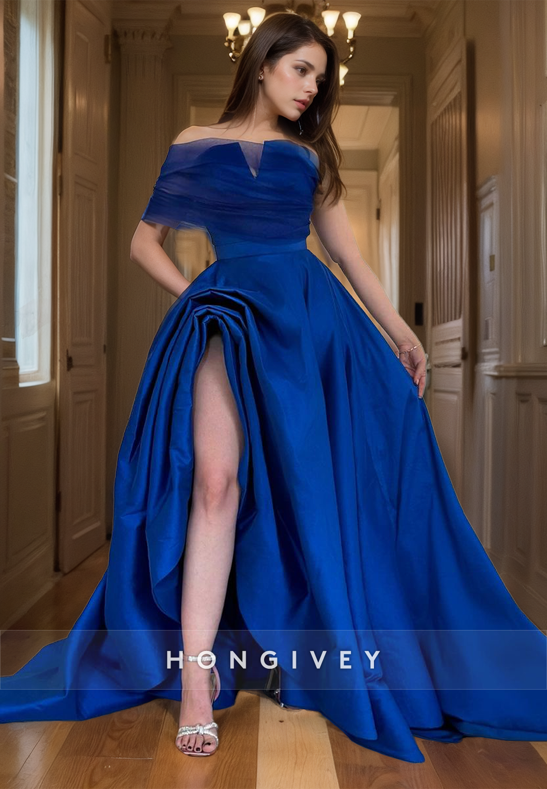 Aline Satin Royal Blue Evening Party Gown Offshoulder Pleated Elegant Prom Dress With High Slit