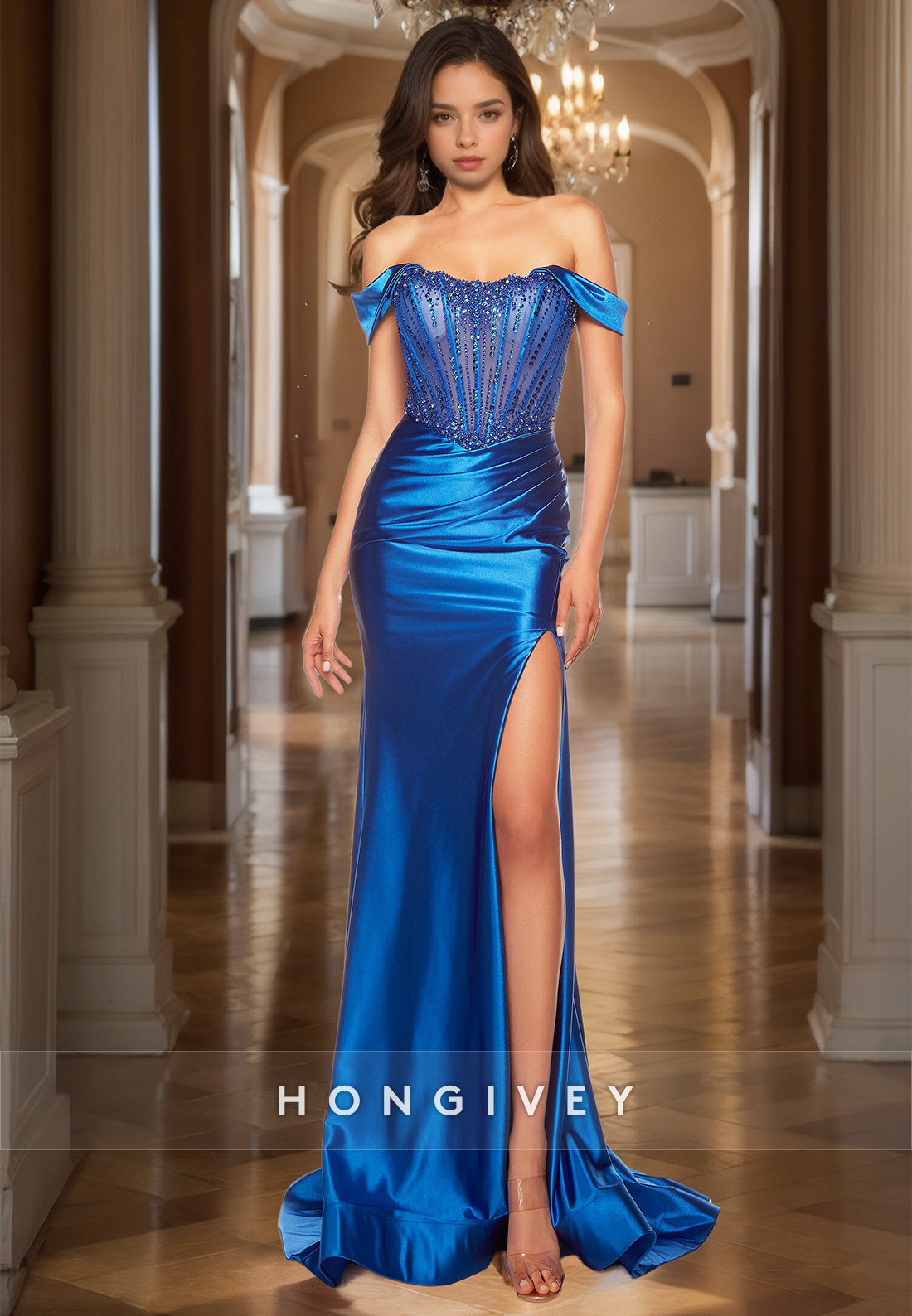 Mermaid Scoop Satin Royal Blue Party Dress Offshoulder Floor Length Satin Beads Prom Gown