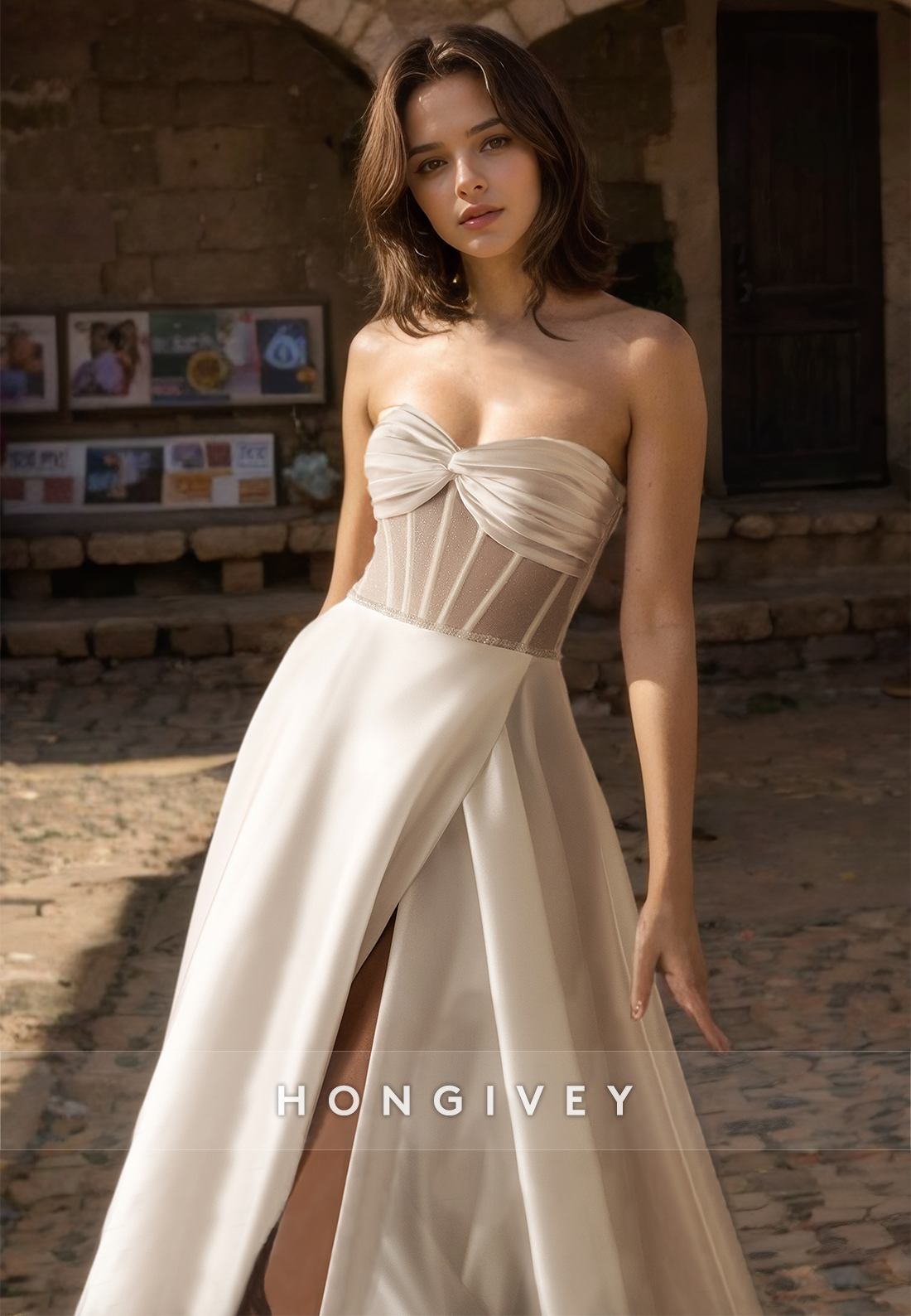 Simple & Casual Satin Sweetheart Strapless Bowknot Illusion With Train Wedding Dress