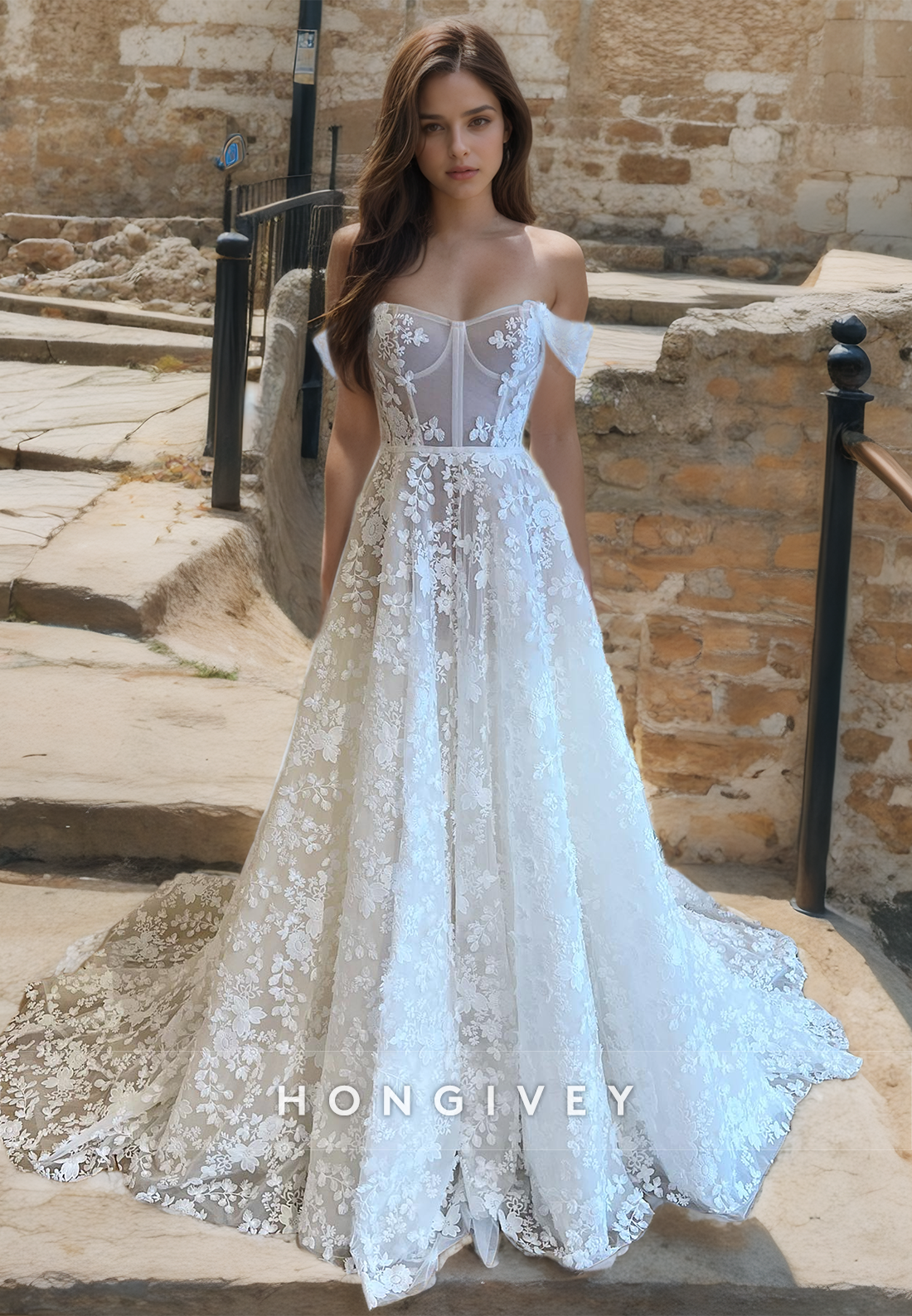 Offshoulder Aline Lace Applique Sheer With Train Wedding Dress