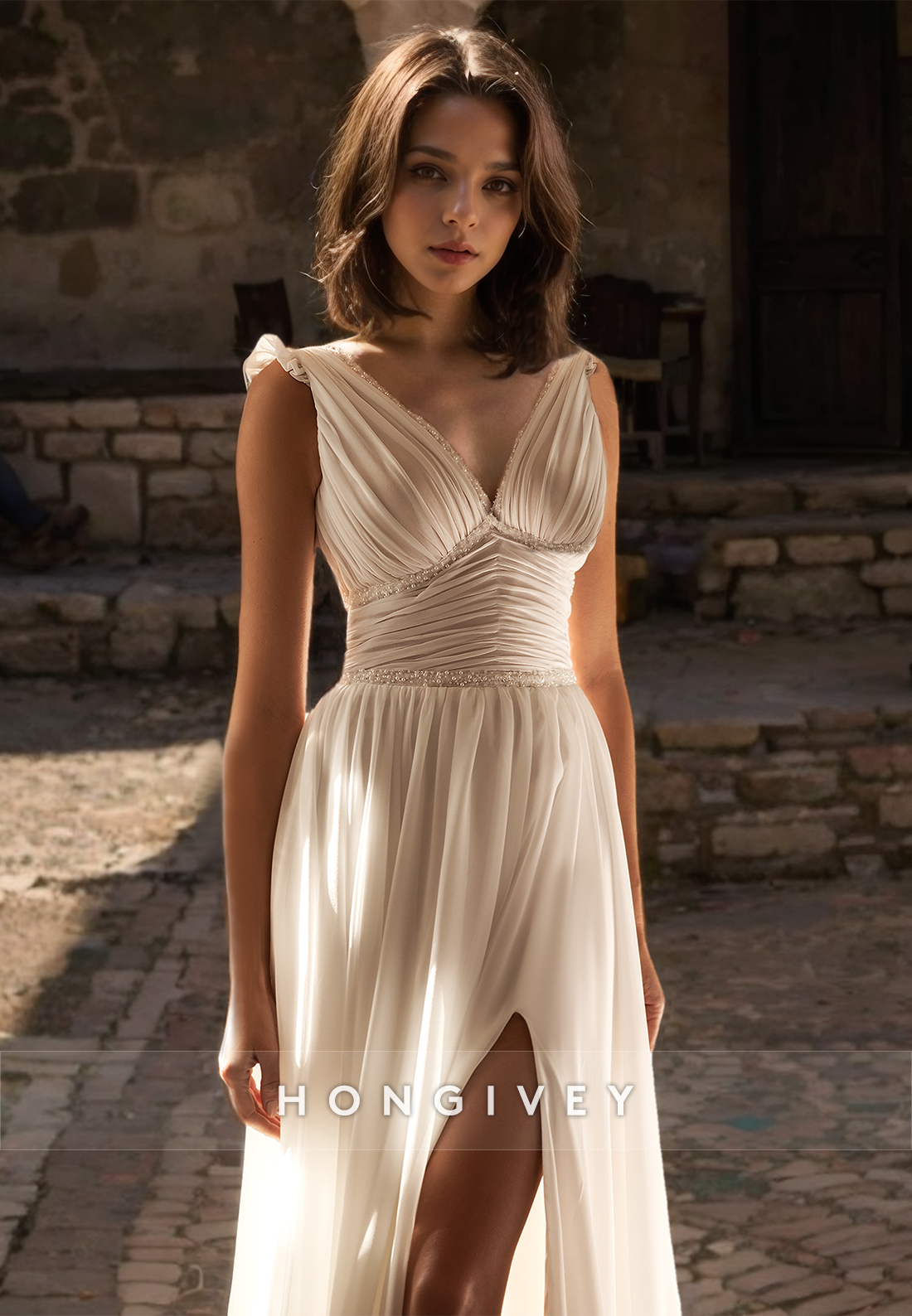 Sexy Vneck Sleeveless Empire Ruched With Side Slit Train Wedding Dress