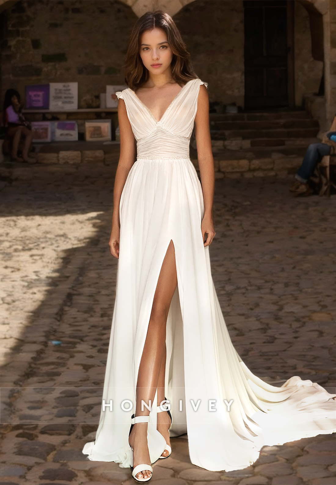 Sexy Vneck Sleeveless Empire Ruched With Side Slit Train Wedding Dress